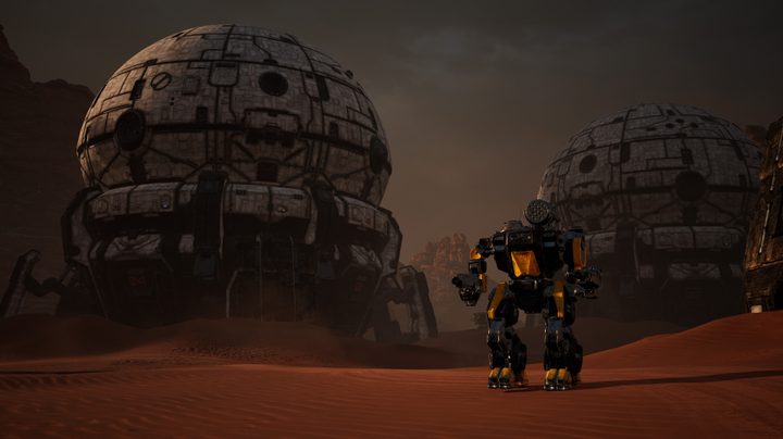 A BattleMech stands in front of two Spherical dropships, dwarfed by their massive size.