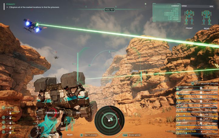 A BattleMech fires on an enemy unit as green lasers intersect with a nearby fighter jet.
