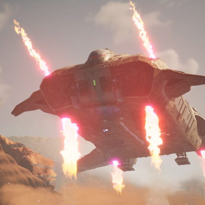 A dropship makes a high speed landing over a desert, flames from the engines visible as it slows its descent.