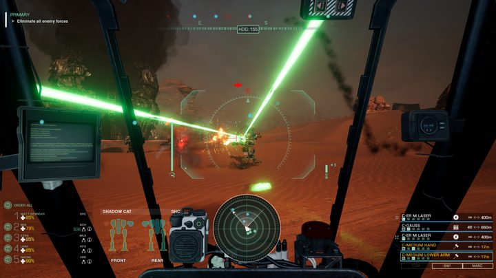 We see lasers strike a BattleMech from the cockpit view of a Shadow Cat mech.