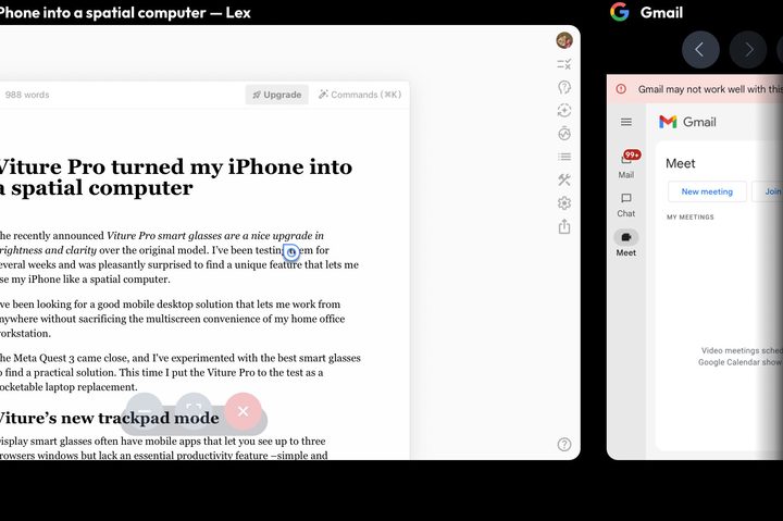 Multitasking on an iPhone is easy with Viture Pro and the SpaceWalker app.