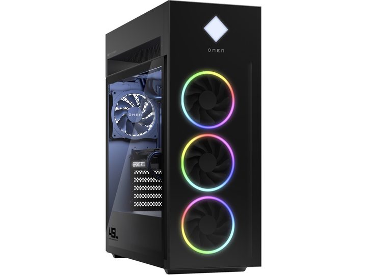A diagonal view of a OMEN 45L Gaming Desktop PC, showing the front and side of it.