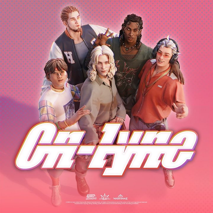 A pink album cover with 5 young men representing the fictional boy band On-lyne.