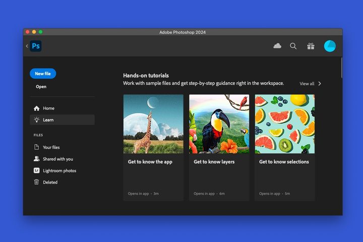 Photoshop Home screen, Learn section.