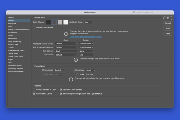 Photoshop Preferences window.