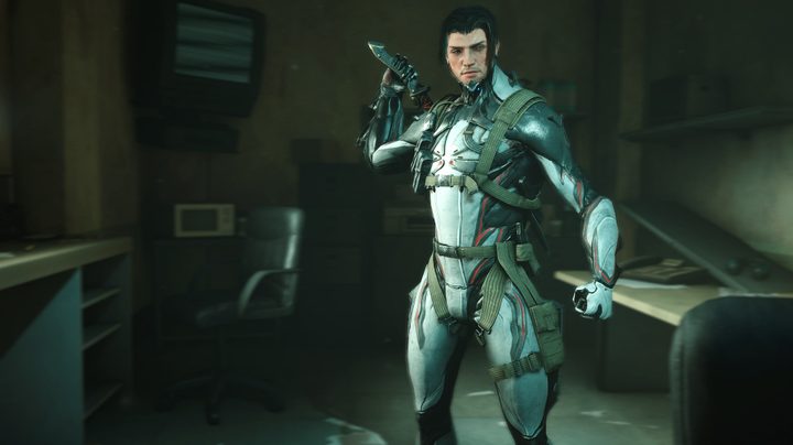 A shot of Arthur, protagonist of Warframe 1999, his hand on the hilt of his sword.