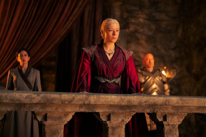 Rhaenyra stands on a balcony in House of the Dragon season 2.