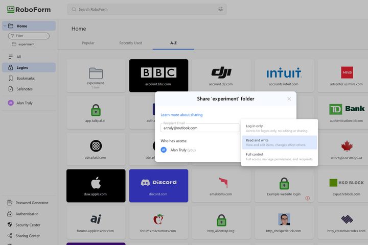 RoboForm Family lets me specify permissions on shared folders.