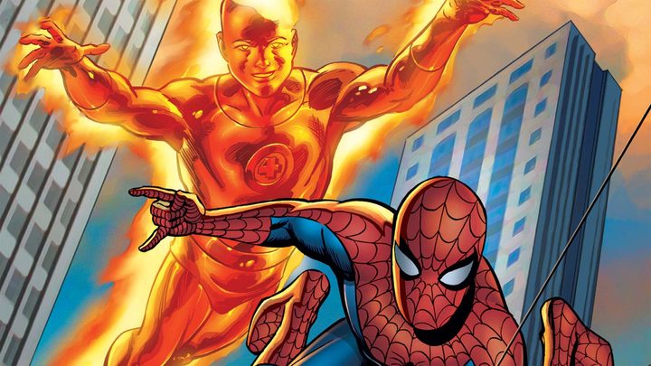 Human Torch and Spider-Man in New York City.