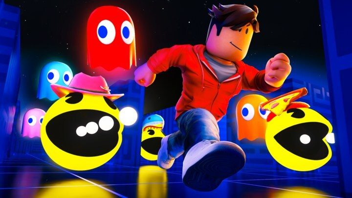 A man in red running with Pac-Man characters in Roblox.