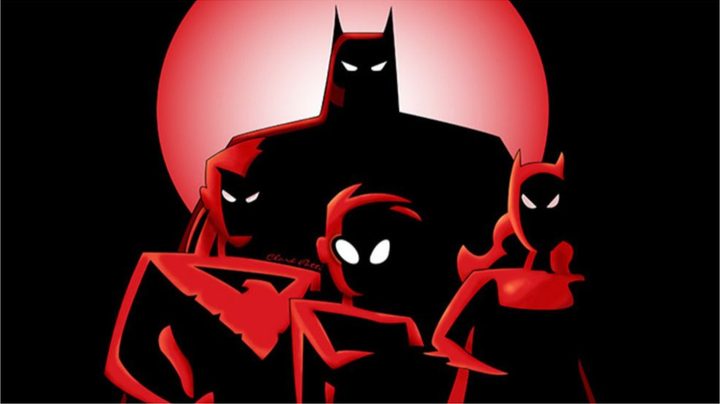 The New Batman Adventures promo art with Batman, Nightwing, Robin, and Batgirl's silhouettes.