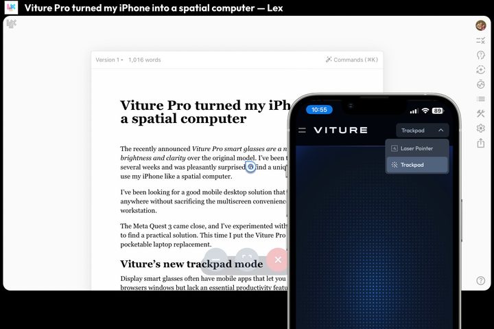 The SpaceWalker app has a new trackpad mode so I can tap and drag on my iPhone to control a cursor on the Viture Pro's virtual displays.
