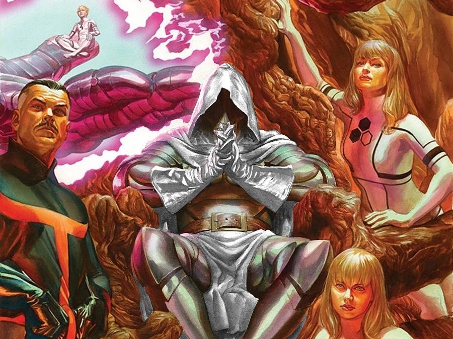God Emperor Doom, Sheriff Stranger, Valeria Richard, and Sue Storm in art for "Secret Wars Vol. 1 #4."