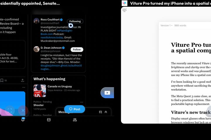 Viture Pro's virtual screens scroll sideways when I turn my head or drag with two fingers.