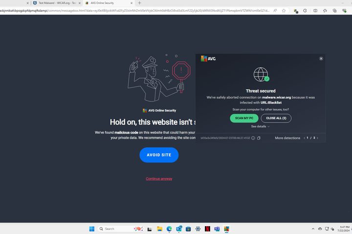Wicar's harmless malware couldn't fool AVG Ultimate.