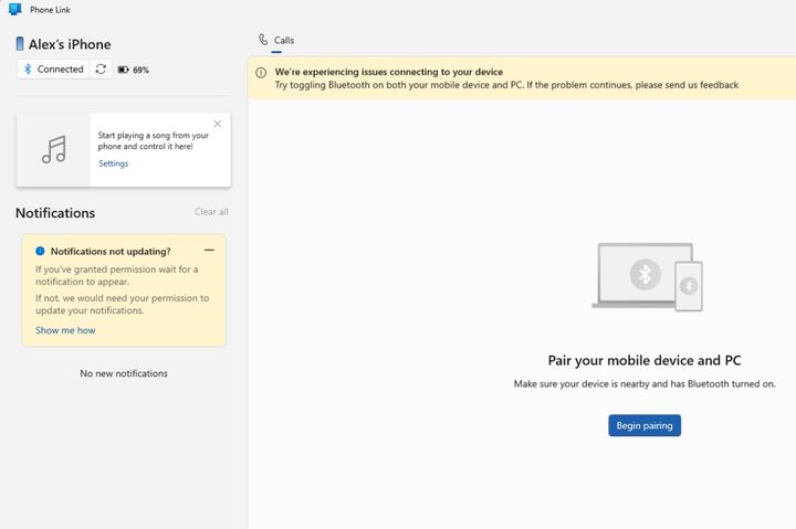 A connection error in the Phone Link app running in Windows 11.