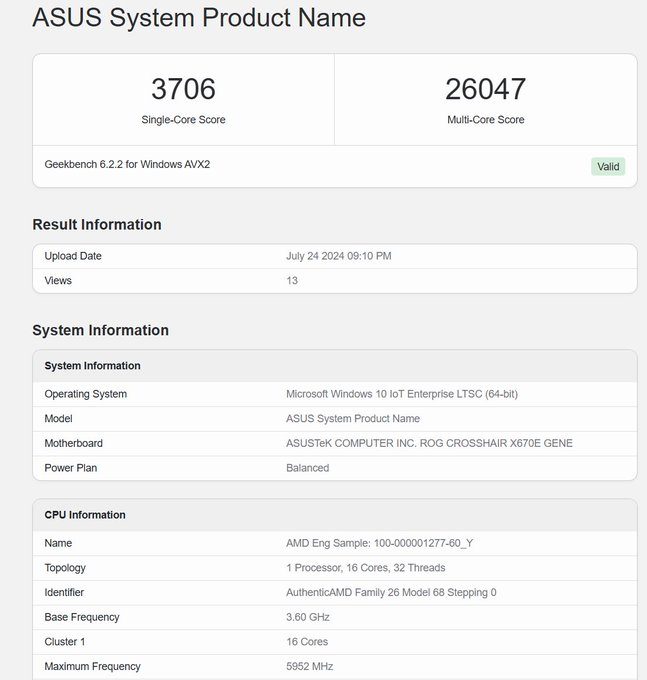 A leaked benchmark score of an AMD Ryzen 9 9950X engineering sample