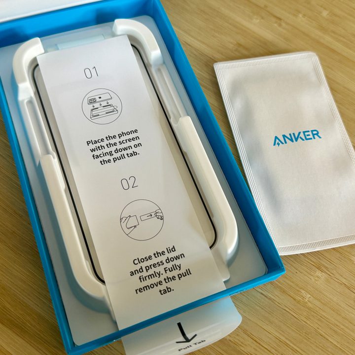 Anker iPhone 15 Pro screen protector box with unused tray.