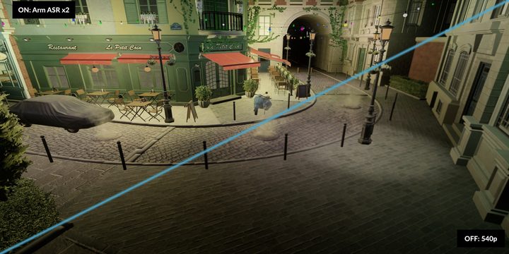 Bistro rendering benchmark done using Arm's Accuracy Super Resolution technology.