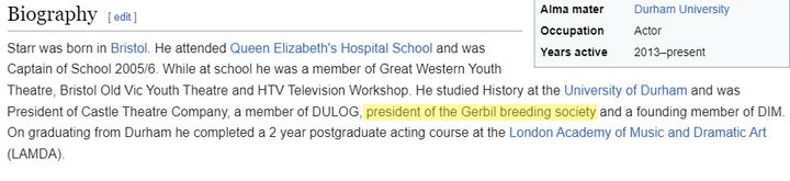 A clip from a wikipedia article, highlighting Ben Starr's nonexistent membership in a gerbil breeding society.