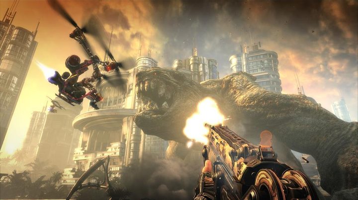 A chopper-esque contraption flying towards a giant monster in a city. The player character is shooting a gun at it.