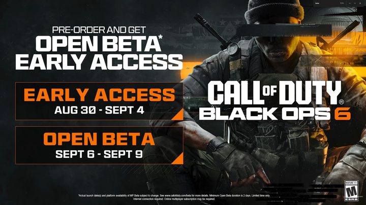 A screen showing the Call of Duty Black Ops 6 beta dates. It says "pre-order and get open beta early access." Next to it is the Call of Duty Black Ops 6 logo over a man with a redacted bar over his eyes.