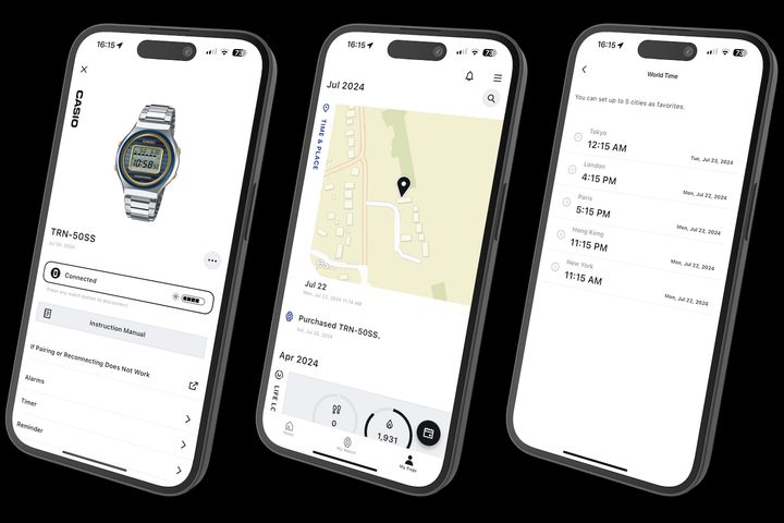 Screenshots from the Casio Watches app.