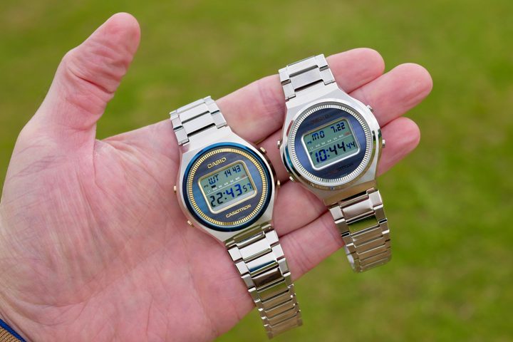 A person holding the Casio Casiotron TRN-50 and the Casiotron TRN-50SS.