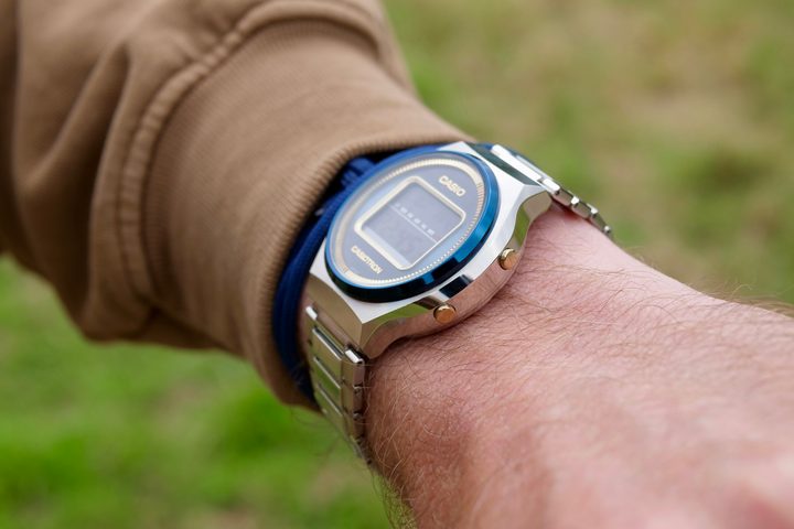A person wearing a Casio Casiotron TRN-50 watch.