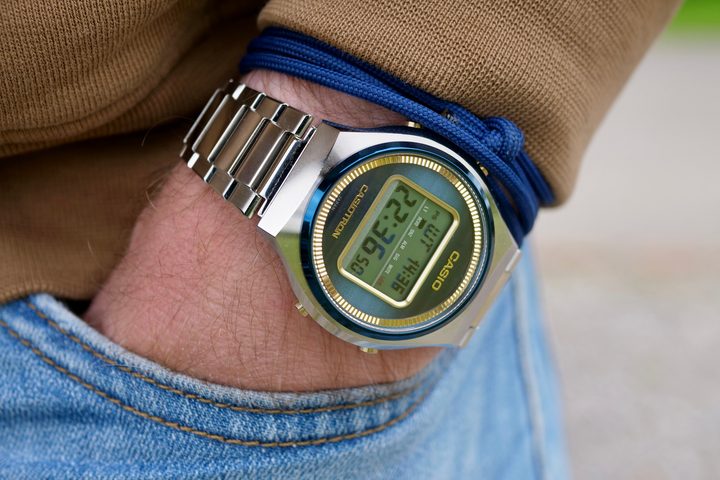 A person wearing a Casio Casiotron TRN-50 watch.