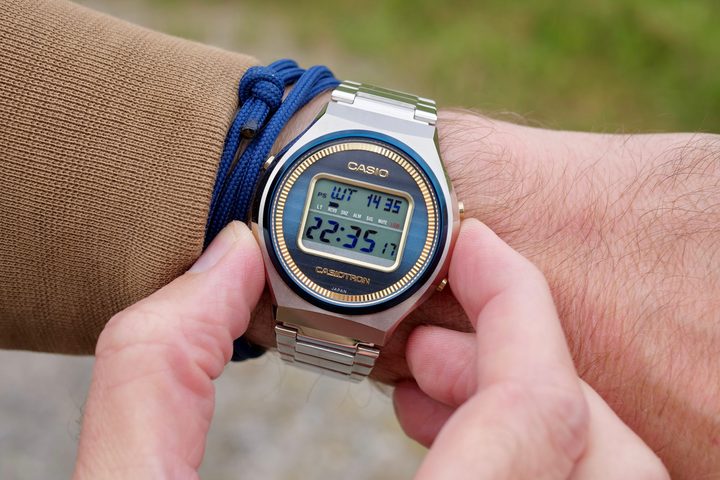 A person wearing a Casio Casiotron TRN-50 watch.