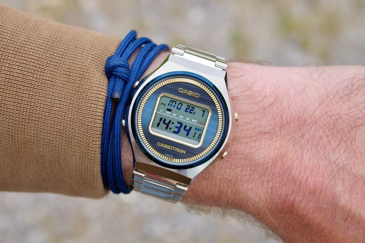 A person wearing a Casio Casiotron TRN-50 watch.