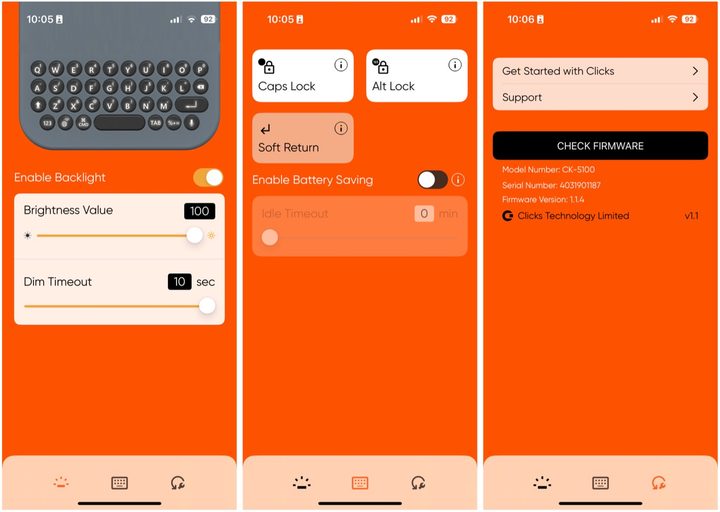 Clicks Keyboard companion app screenshots.