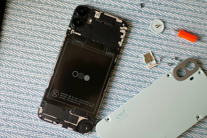 The CMF Phone 1 taken apart before fitting a new rear cover.