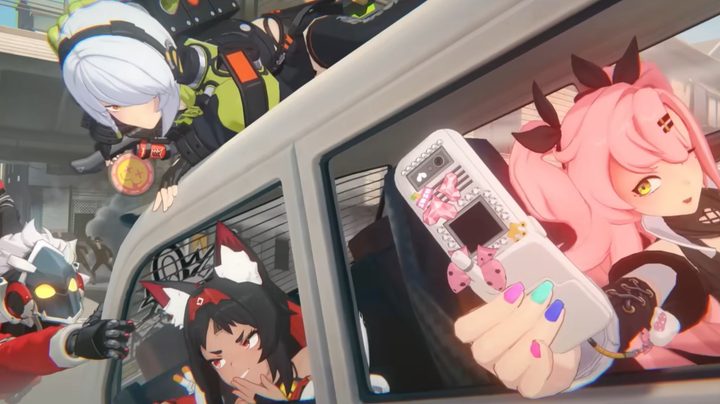 Cunning hares nicole, anby, billy, and nekomata in getaway car while nicole is taking selfie in Zenless Zone Zero.