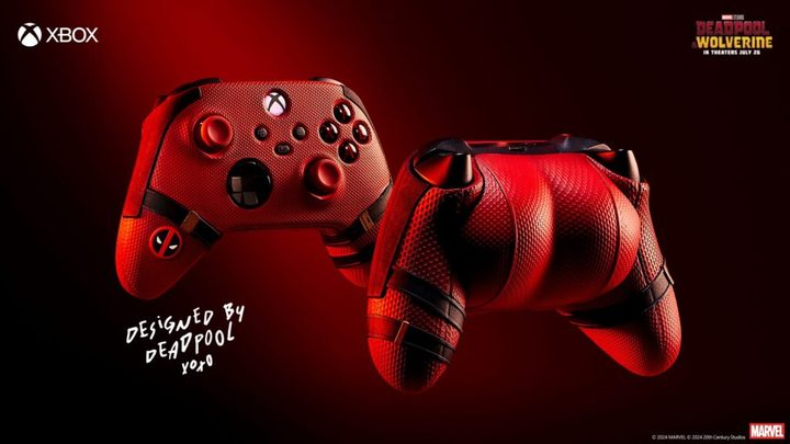 Two red Xbox controllers. The bottom one is turned around and has what looks like Deadpool's butt.