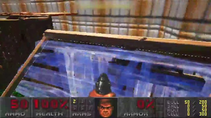 The original Doom UI, with Doomguy's avatar in the middle, underneath him holding a gun that looks like the original Doom. However, he's on top of a Fortnite platform.