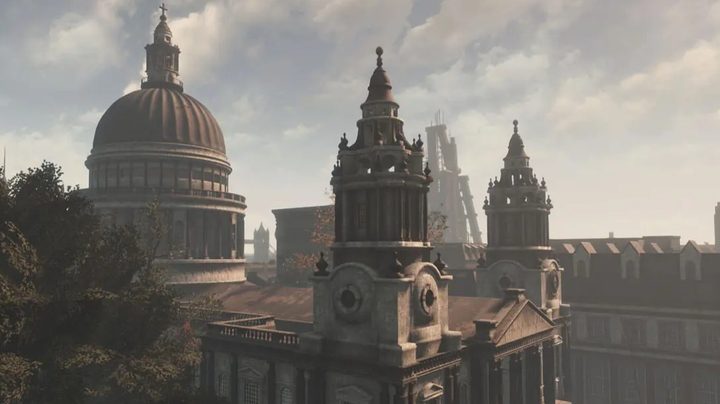 Some dirty London buildings against a gray sky in Fallout London.