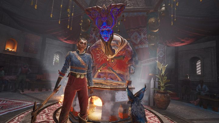 Nor and Enki stand near a quest-giver in Flintlock: The Siege of Dawn.