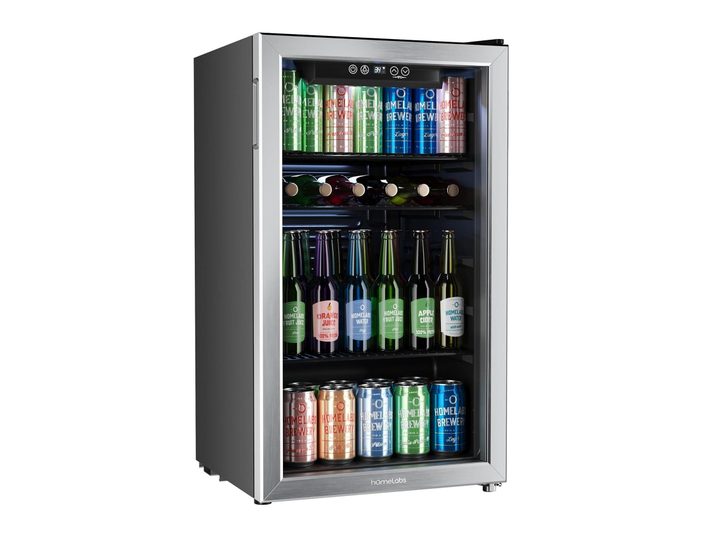 The hOmeLabs Beverage Refrigerator filled with drinks in one possible layout.