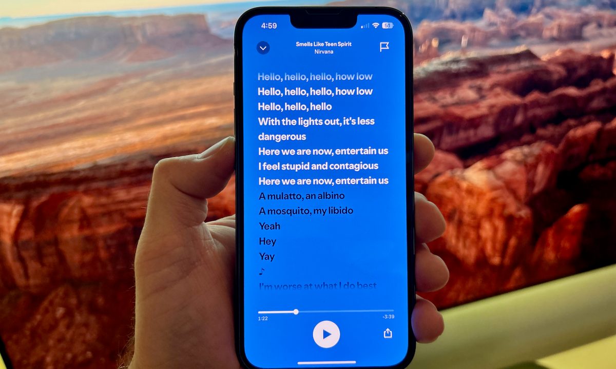 The lyrics to Smells Like Teen Spirit on the Spotify app on an iPhone.