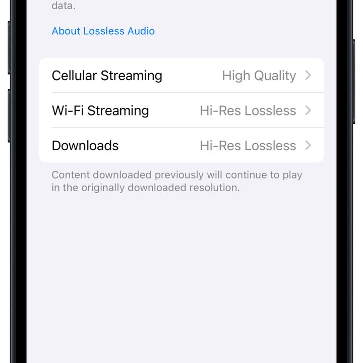 Apple Music lossless settings in iOS.
