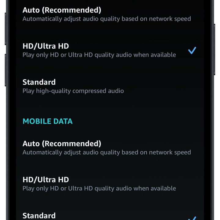 Amazon Music audio quality settings in iOS.