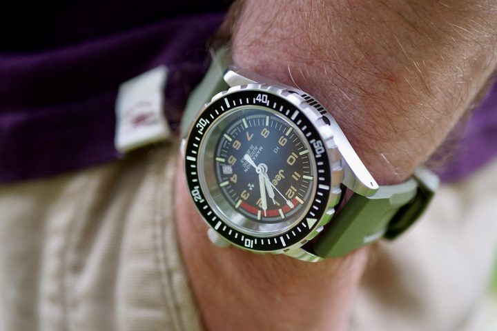 A person wearing the Marathon 41mm Jeep Rubicon GSAR.