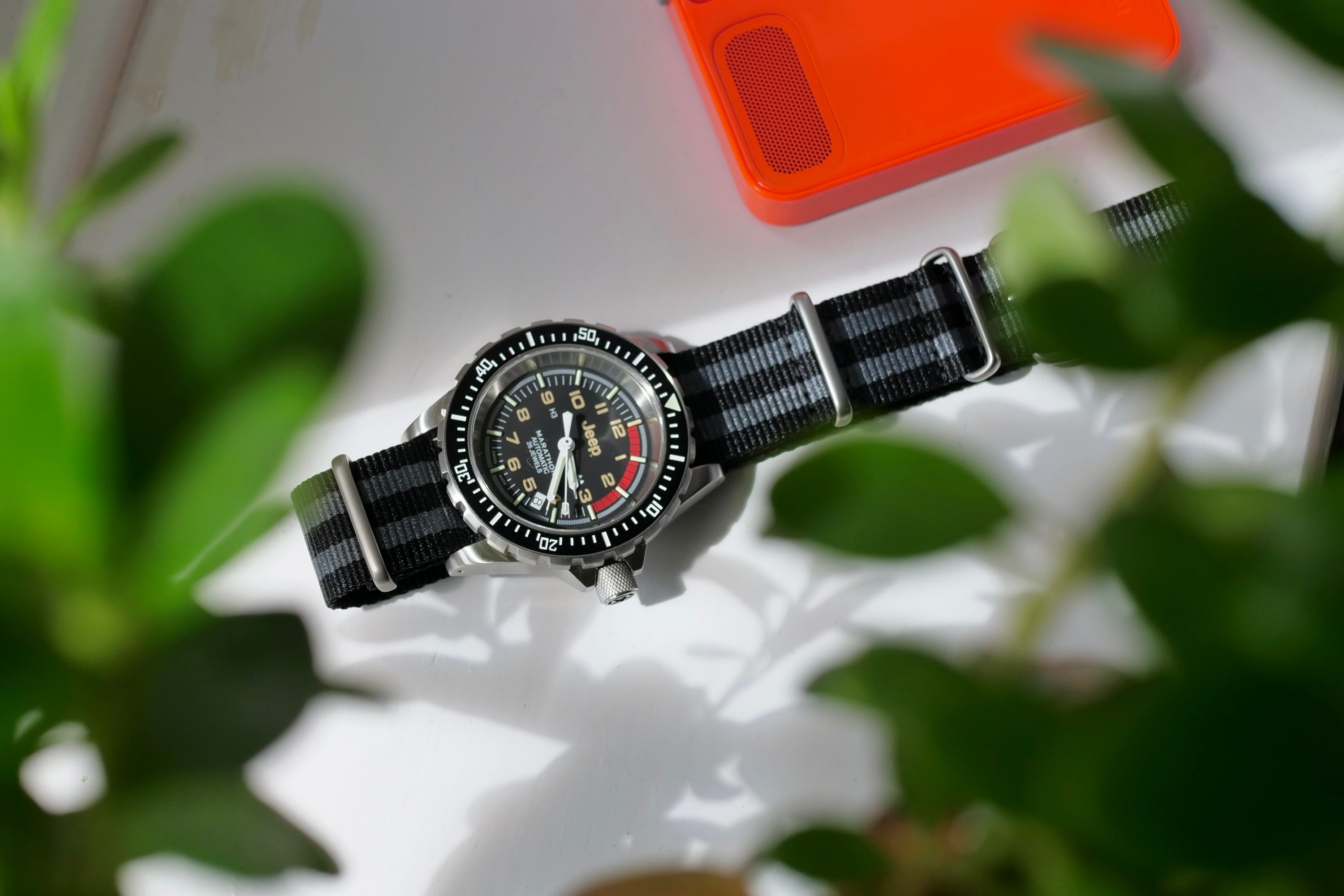 The Marathon 41mm Jeep Rubicon GSAR attached to a Nato strap.