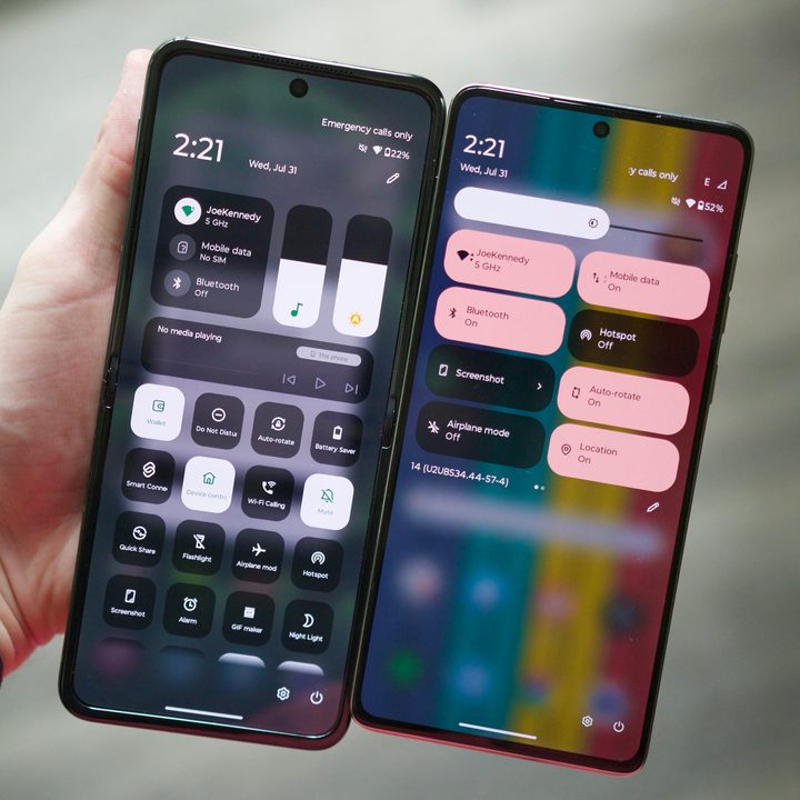 Two Motorola phones next to each other, showing the quick settings on both.