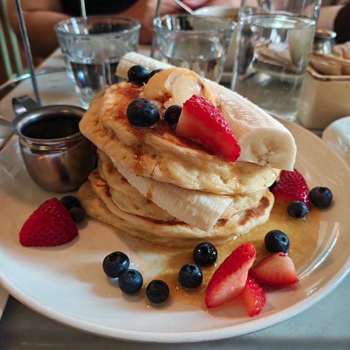 A photo of pancakes with berries and bananas, taken with the Motorola Razr Plus 2024.