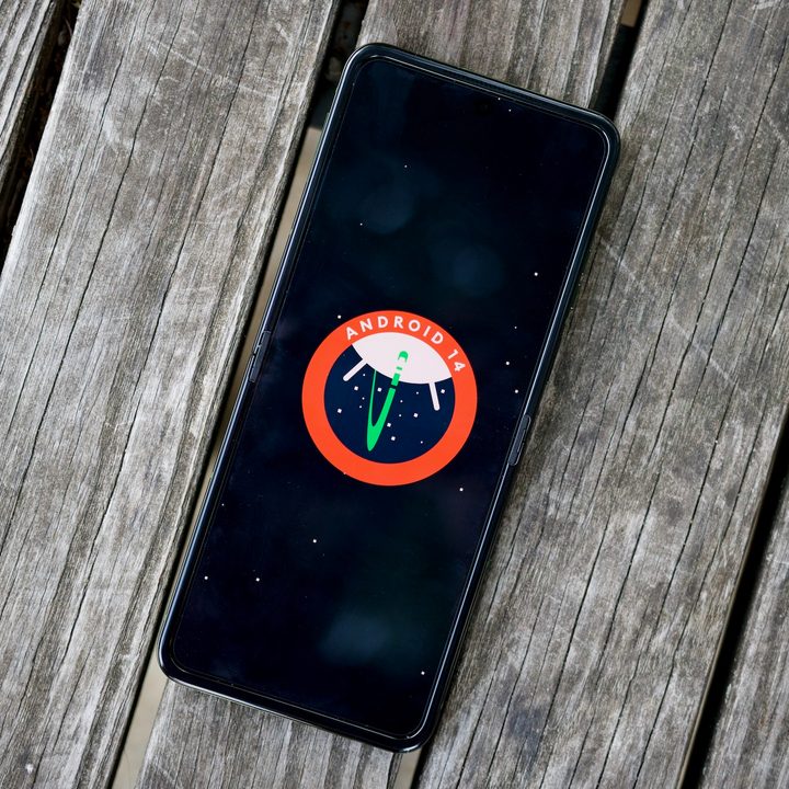 The Motorola Razr Plus 2024 showing the Android 14 logo.
