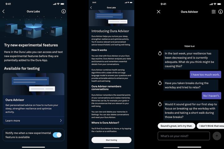 Screenshots taken from the Oura Advisor feature in the Oura Ring app.
