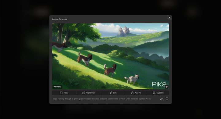 Dogs running prompt in Pika AI video generator